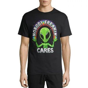 Nobody Freakin’ Cares Rainbow Green Alien 3XL Black T-shirt Graphics Tee